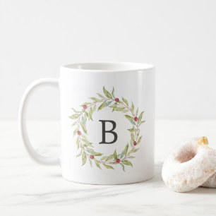 Winter Greenery Berries Wreater Monogram Kerstmis Koffiemok