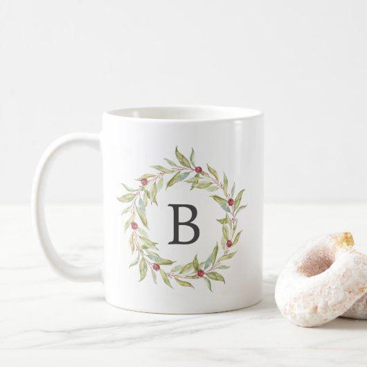Winter Greenery Berries Wreater Monogram Kerstmis Koffiemok (Met donut)