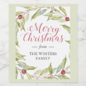 Winter Greenery Berries Wreath Kerstmis Wijn Etiket (Enkel label)