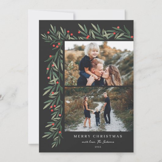 Winter Greenery Black 2 Fotokerstmis Feestdagenkaart (Voorkant)