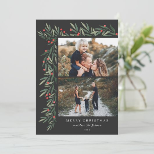 Winter Greenery Black 2 Fotokerstmis Feestdagenkaart (Staand voorkant)
