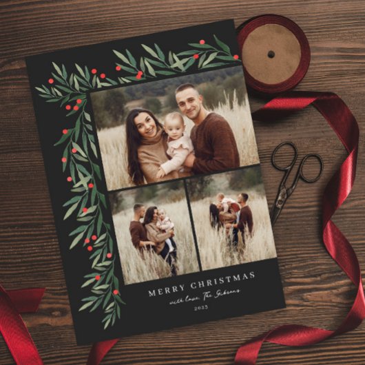 Winter Greenery Black 3 Fotokerstmis Feestdagenkaart