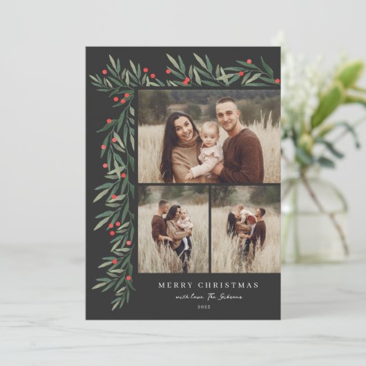 Winter Greenery Black 3 Fotokerstmis Feestdagenkaart (Staand voorkant)