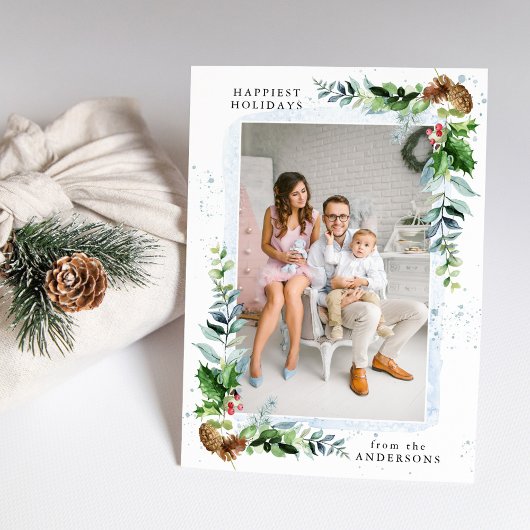 Winter Greenery & Blue Waterverf Foto Feestdagenkaart