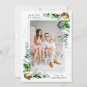 Winter Greenery & Blue Waterverf Foto Feestdagenkaart (Voorkant)