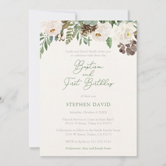 Winter Greenery Boy Baptism 1e verjaardag Kaart (Voorkant)