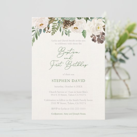 Winter Greenery Boy Baptism 1e verjaardag Kaart (Staand voorkant)