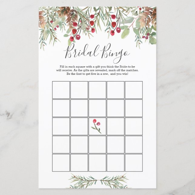 Winter Greenery Bridal Bingo Game Paper Blad (Voorkant)
