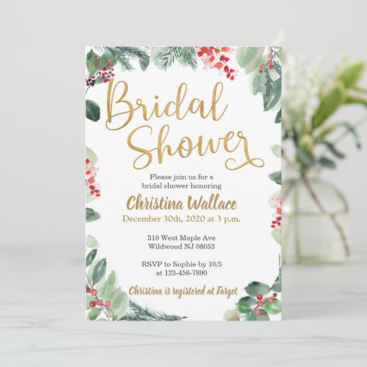 Winter Greenery Bridal Shower Invitations Kaart (Staand voorkant)