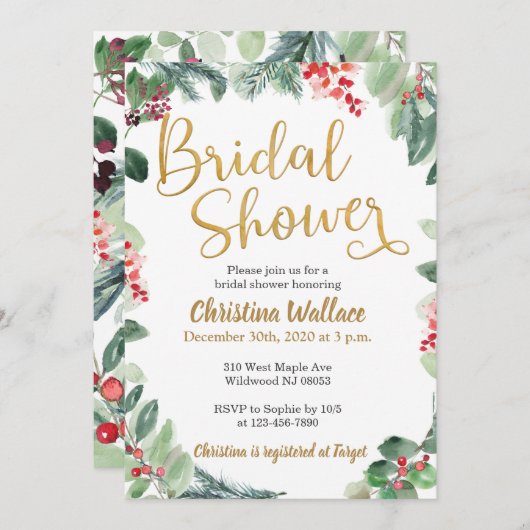 Winter Greenery Bridal Shower Invitations Kaart (Voorkant / Achterkant)