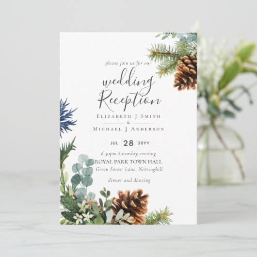 Winter Greenery Bruiloft RECEPTIE Alleen 's Avonds Kaart (Staand voorkant)