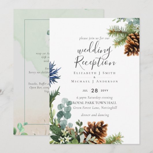 Winter Greenery Bruiloft RECEPTIE Alleen 's Avonds Kaart (Voorkant / Achterkant)