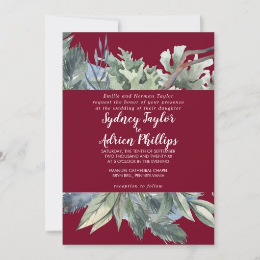Winter Greenery Burgundy Formal Wedding Kaart (Voorkant)
