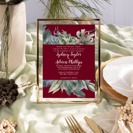 Winter Greenery Burgundy Formal Wedding Kaart