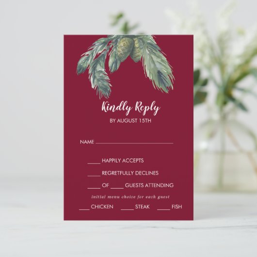 Winter Greenery Burgundy Menu Choice Weddenschap R (Staand voorkant)