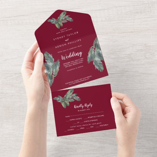 Winter Greenery Burgundy Wedding All In One Uitnodiging (Afscheurbaar)