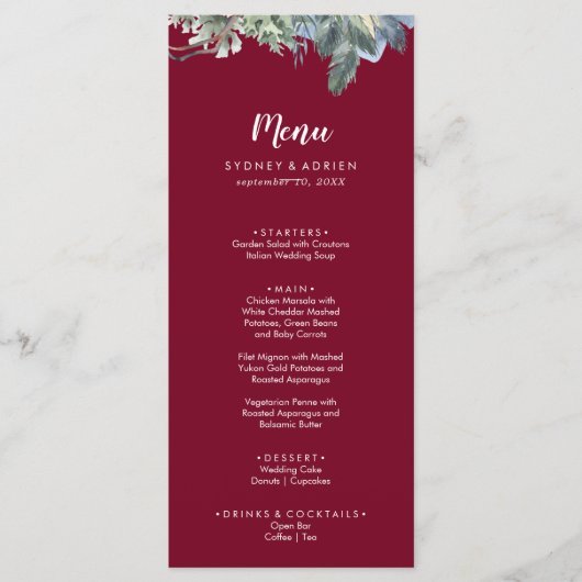 Winter Greenery Burgundy Wedding Dinner Menu (Voorkant)