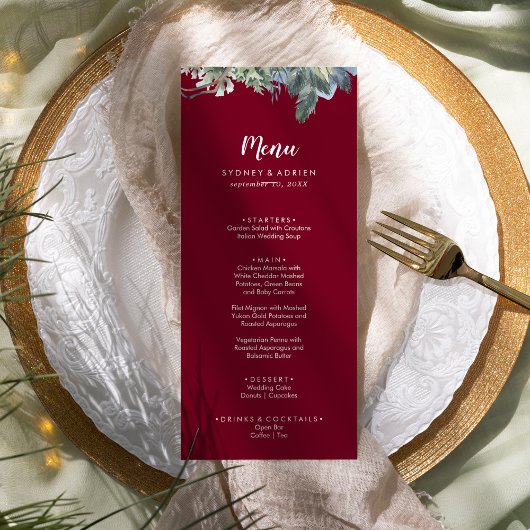 Winter Greenery Burgundy Wedding Dinner Menu