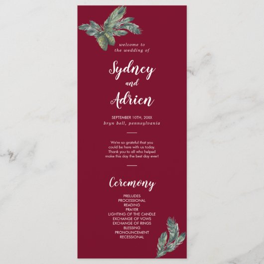 Winter Greenery Burgundy Wedding Programme Programmakaart (Voorkant)
