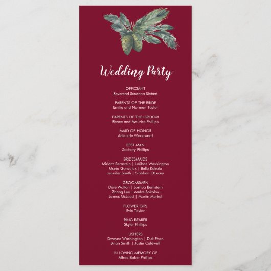 Winter Greenery Burgundy Wedding Programme Programmakaart (Achterkant)