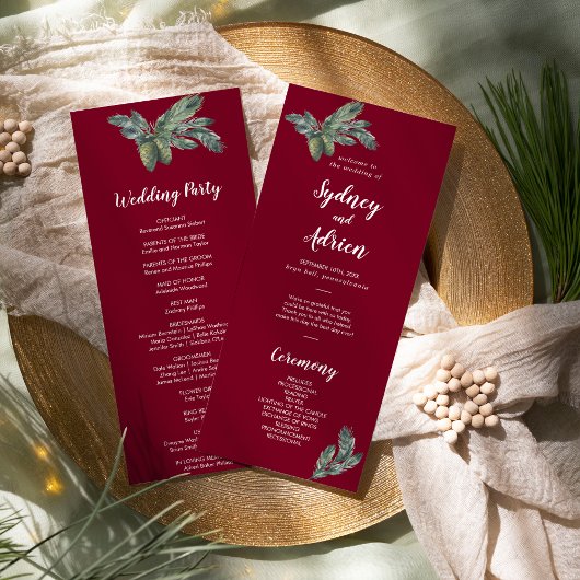 Winter Greenery Burgundy Wedding Programme Programmakaart