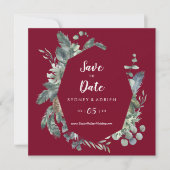 Winter Greenery Burgundy Wedding Save the Date (Voorkant)