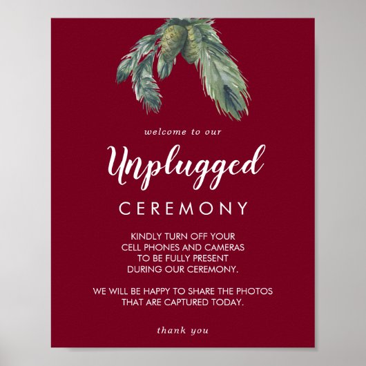 Winter Greenery Burgundy Wedding Unplugged Poster (Voorkant)