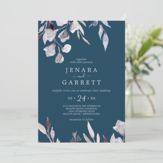 Winter Greenery | Casual blauwe bruiloft Kaart (Staand voorkant)