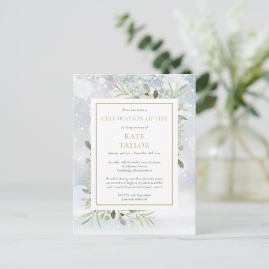 Winter Greenery Celebration of Life Funeral Aankondigingskaart (Staand voorkant)
