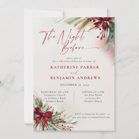 Winter Greenery Christmas Bow Huwelijksrepetitie Kaart (Voorkant)