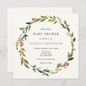 Winter Greenery en Holly Baby shower Invitation Kaart (Voorkant / Achterkant)