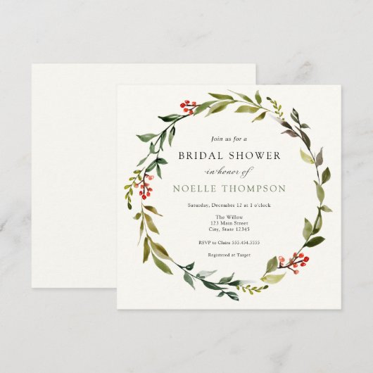 Winter Greenery en Holly Bridal Shower Invitation Kaart (Voorkant / Achterkant)