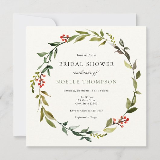 Winter Greenery en Holly Bridal Shower Invitation Kaart (Voorkant)