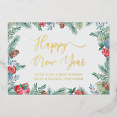 Winter Greenery en Pine Cone Happy New Year Gold Folie Feestdagenkaart (Voorkant)