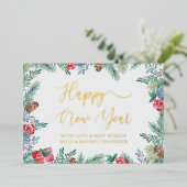 Winter Greenery en Pine Cone Happy New Year Gold Folie Feestdagenkaart (Staand Voorkant)