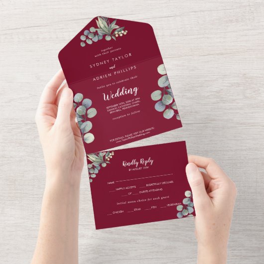 Winter Greenery Eucalyptus Burgundy Wedding All In One Uitnodiging (Afscheurbaar)