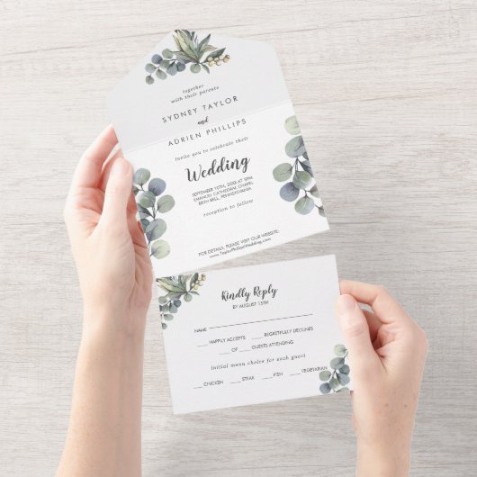 Winter Greenery Eucalyptus Weduwen in één All In One Uitnodiging (Afscheurbaar)