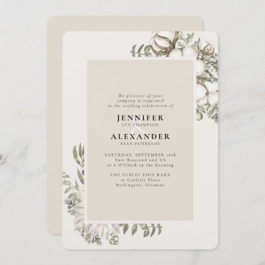 Winter Greenery Floral Ivory Cream Wedding Kaart (Voorkant / Achterkant)