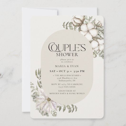 Winter Greenery Floral Oval Couple's Shower Kaart (Voorkant)
