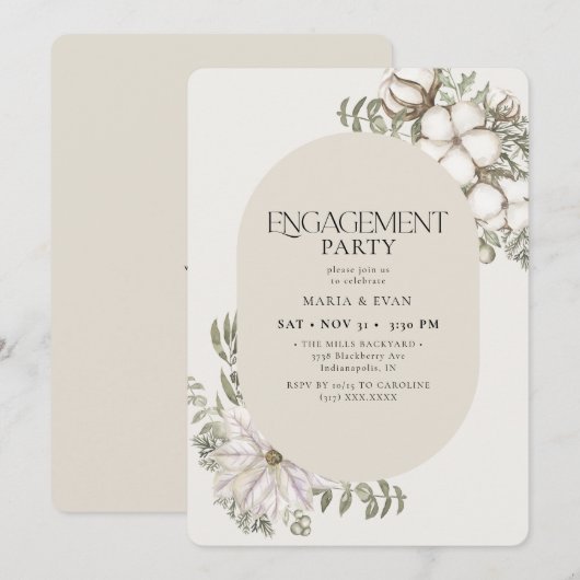 Winter Greenery Floral Oval Ivory Engagement Party Kaart (Voorkant / Achterkant)