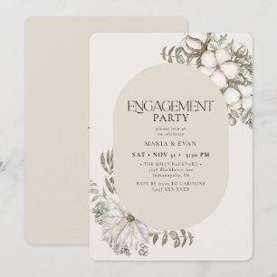 Winter Greenery Floral Oval Ivory Engagement Party Kaart