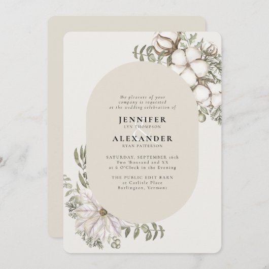 Winter Greenery Floral Oval RSVP QR Code Weddensch Kaart (Voorkant / Achterkant)