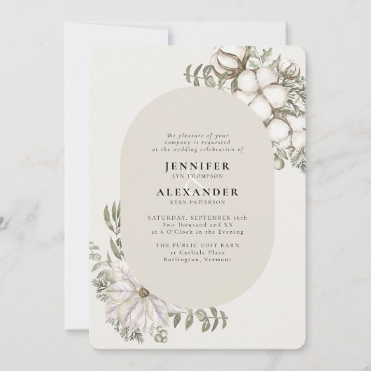 Winter Greenery Floral Oval RSVP QR Code Weddensch Kaart (Voorkant)