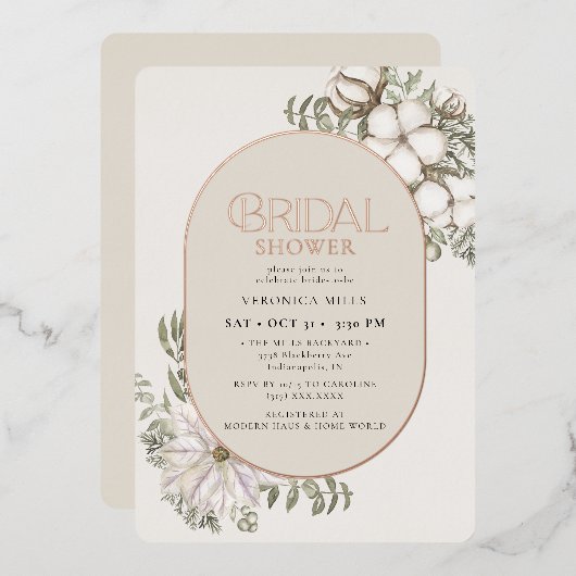 Winter Greenery Floral Oval Vrijgezellenfeest Folie Uitnodiging (Voorkant / Achterkant)