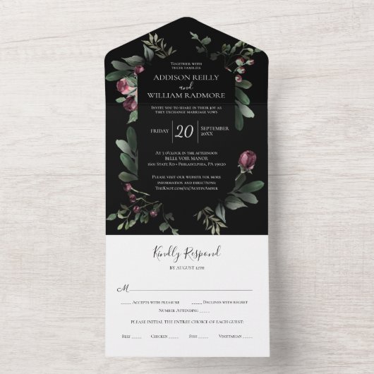 Winter Greenery Florals Black All In One Uitnodiging (Binnen)