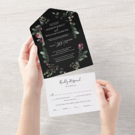Winter Greenery Florals Black All In One Uitnodiging