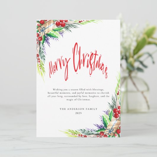 Winter Greenery Foliage Red Script Vrolijk Kerstfe Feestdagenkaart (Staand voorkant)