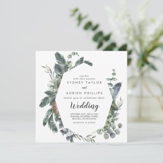Winter Greenery Front en Back Wedding Invitation Kaart (Staand voorkant)