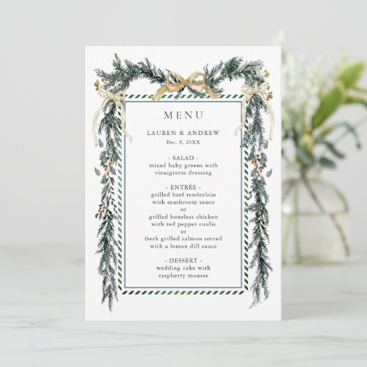 Winter Greenery Garland Wedding Gold & Green Menu (Staand voorkant)