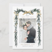 Winter Greenery Garland Wedding Photo Gold & Green Save The Date (Voorkant)